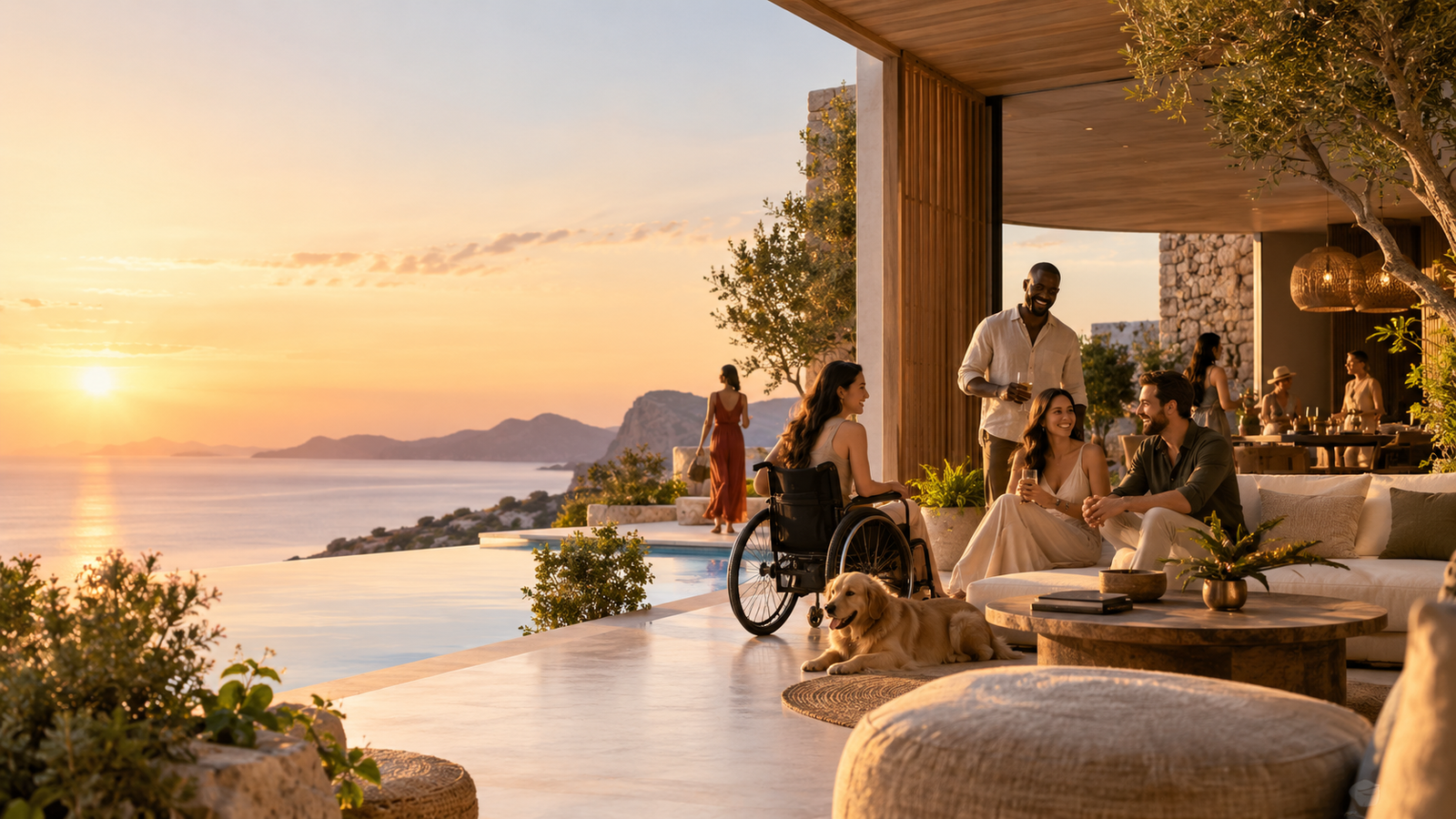 Grupo de amigos ríe en un bonito salon abierto a una piscina infinita con vistas al océano en un atardecer, una de las mujeres está sentada en una silla de ruedas