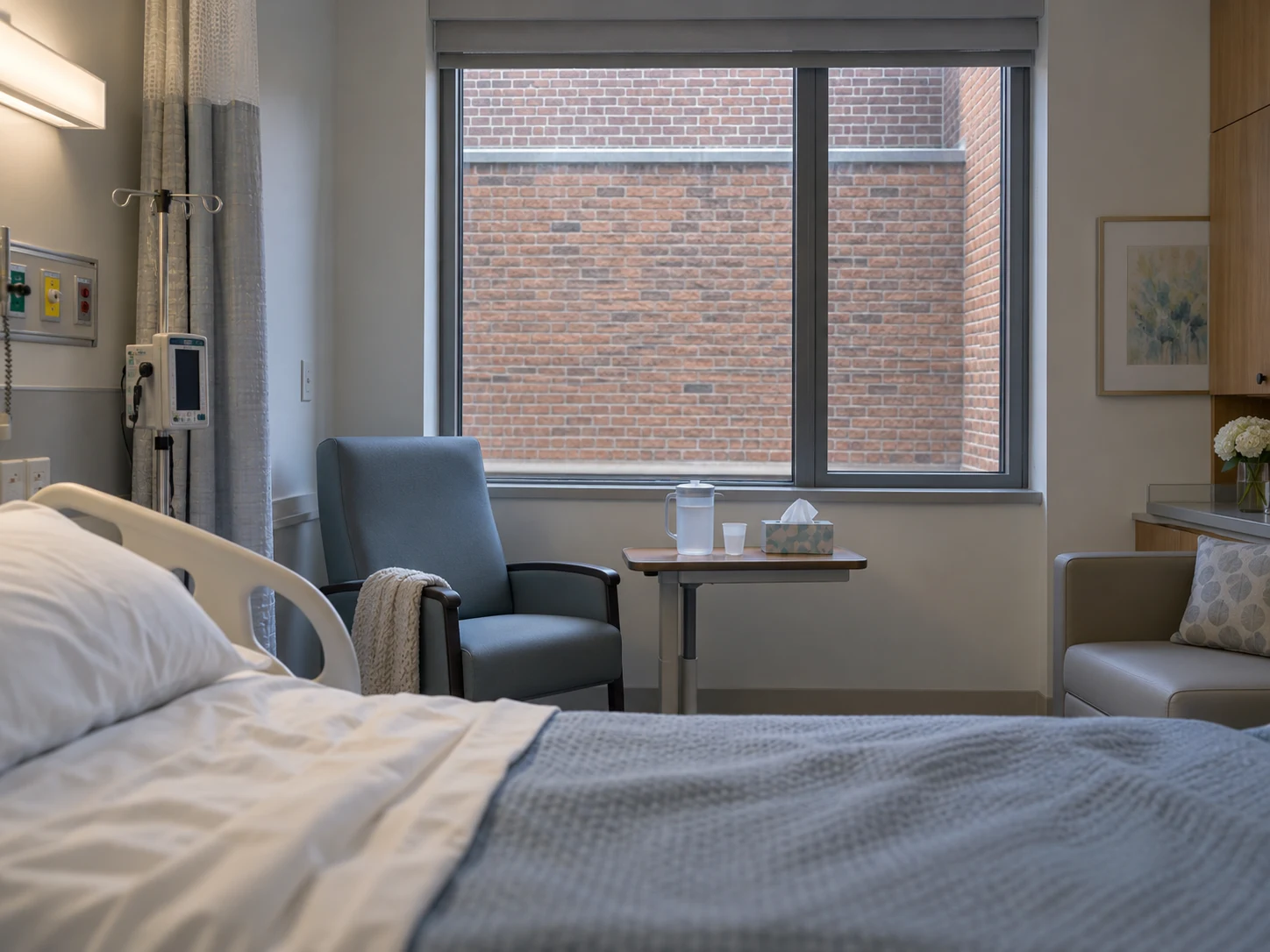 Habitación de hospital con una ventana orientada hacia una pared de ladrillo, recreación visual del contraste estudiado por Roger Ulrich.