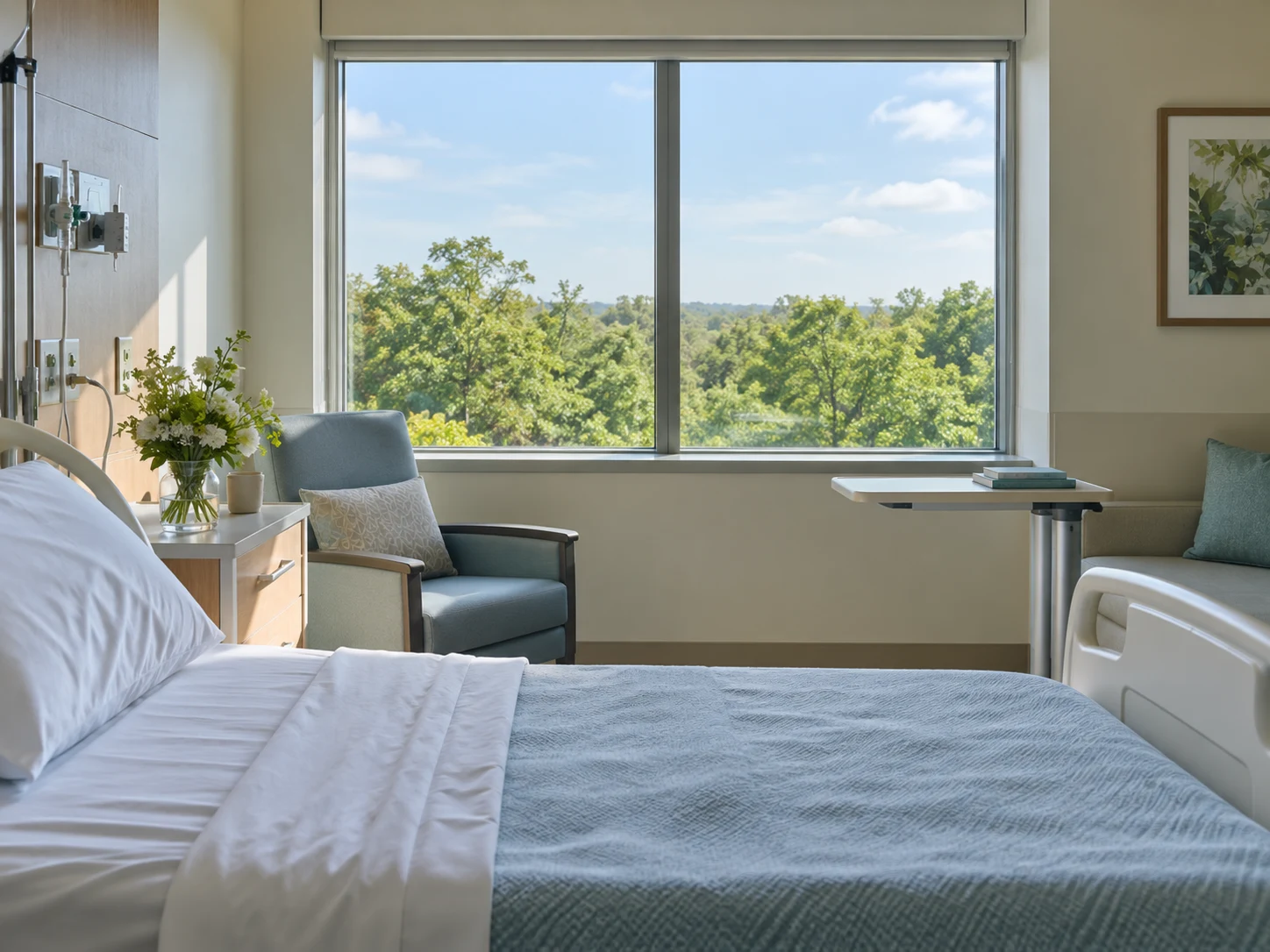 Habitación de hospital con una ventana abierta a las copas de los árboles, recreación visual del contraste estudiado por Roger Ulrich.