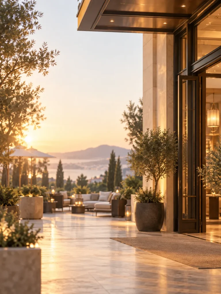 Entrada de un hotel contemporáneo al atardecer, con terraza, vegetación y vistas abiertas al paisaje.