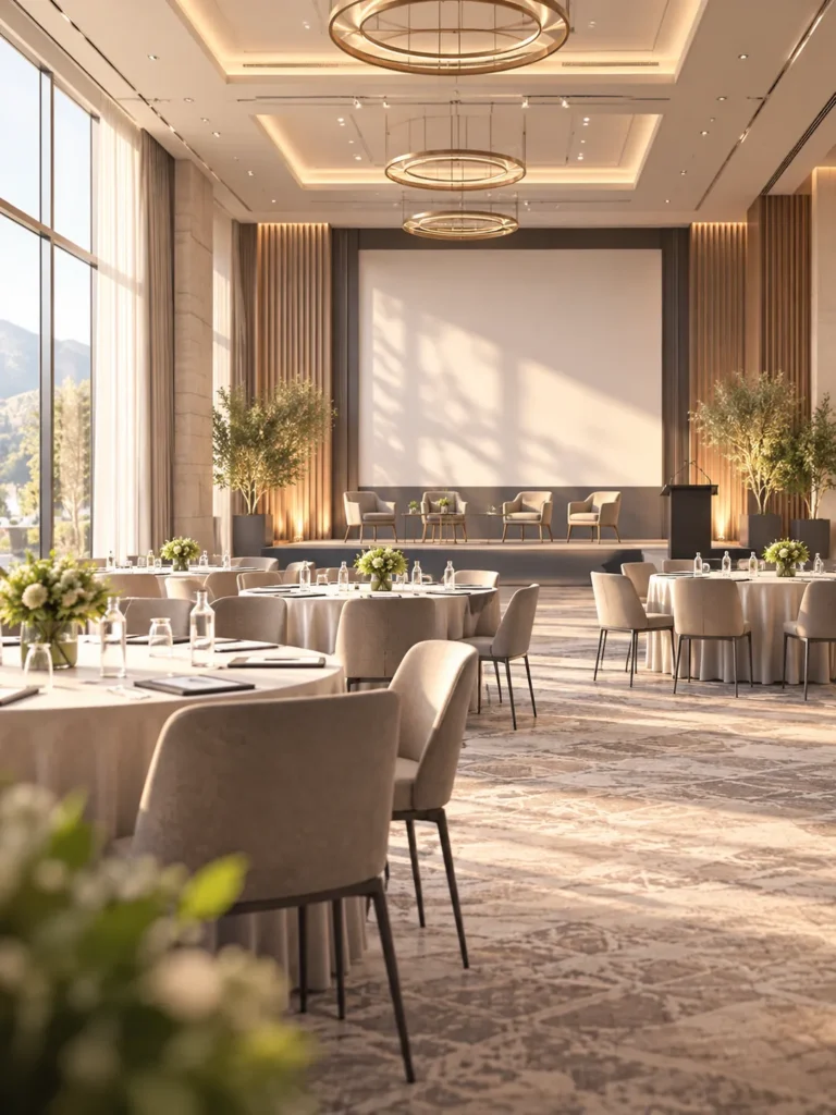 Salón MICE preparado para una reunión o evento, con escenario, mesas y zonas para asistentes.