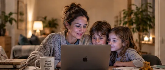 Nuria consulta el proyecto desde casa mientras comparte tiempo con sus hijos.