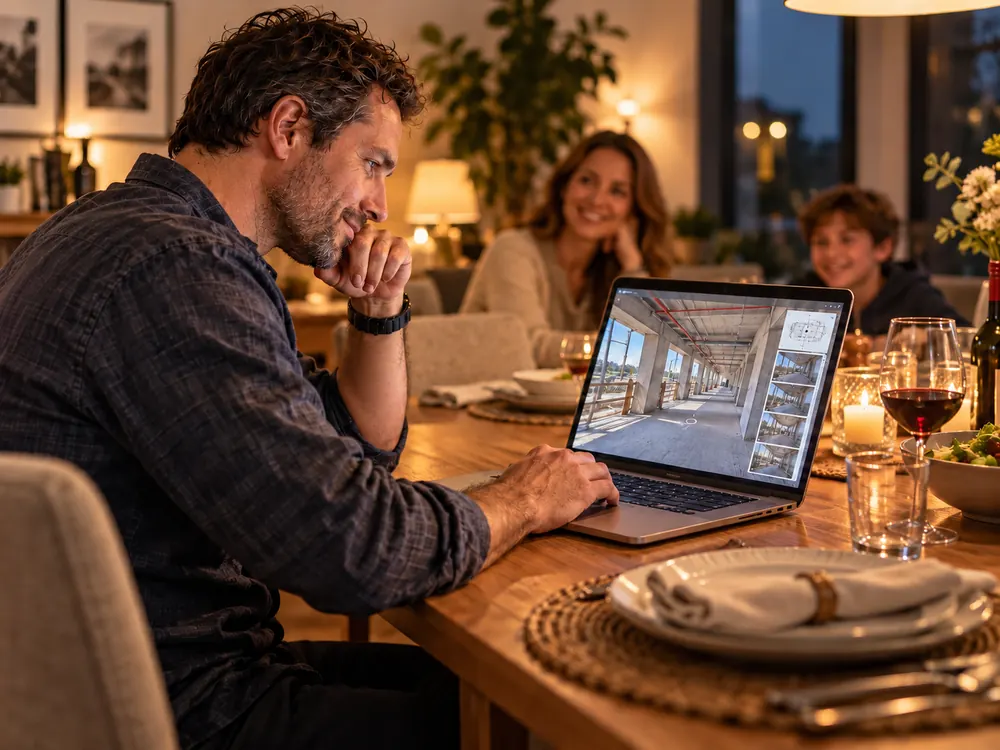 Hombre revisando un proyecto de obra en su portátil mientras comparte la cena con su familia.