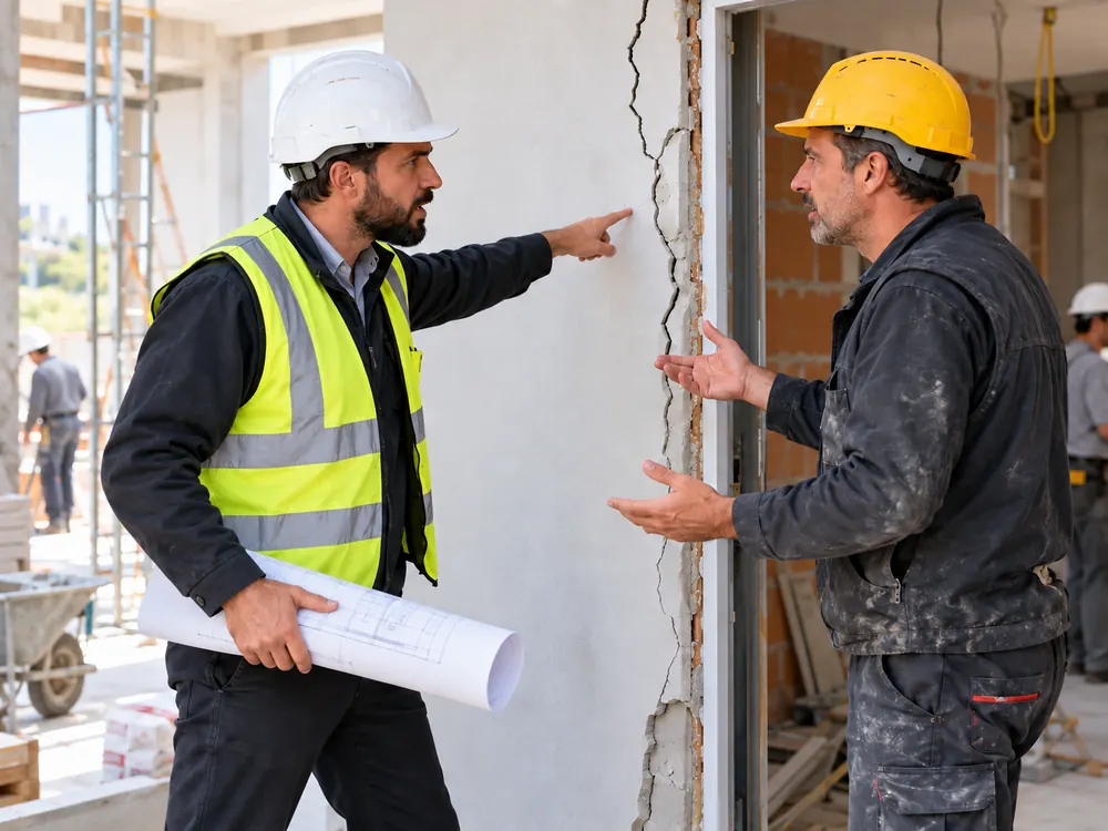 Técnico y operario analizando una grieta en la pared de una obra en construcción.