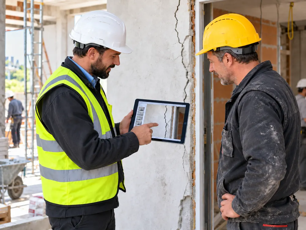 Técnico de obra mostrando en una tablet una grieta a un operario dentro de un edificio en construcción.