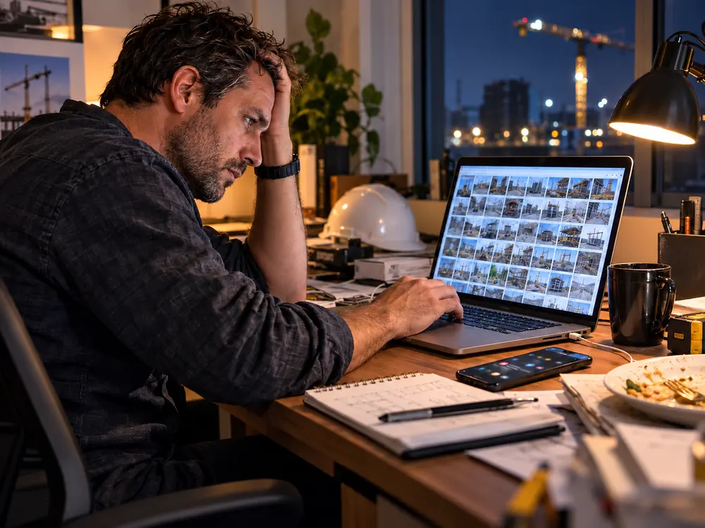Profesional revisando muchas fotos de una obra en su portátil por la noche desde su escritorio