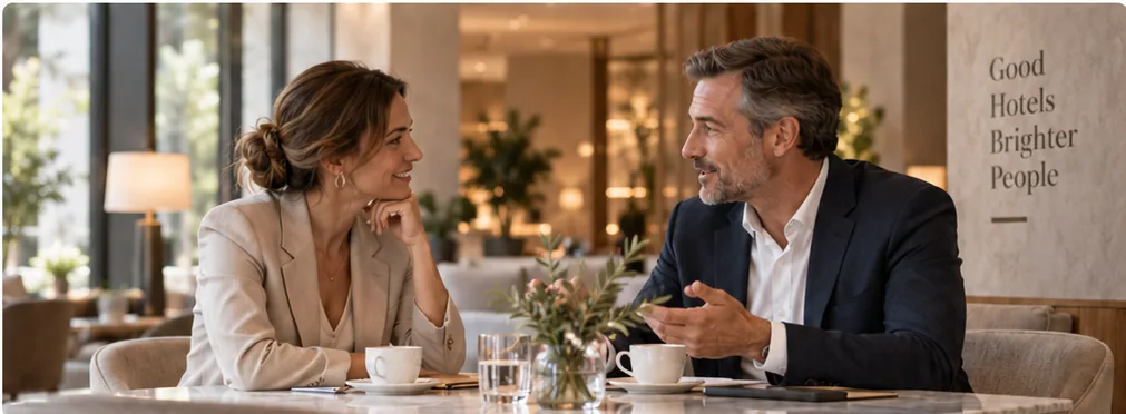 Dos profesionales hoteleros conversando en una zona común de un hotel, en una mesa con tazas de café.