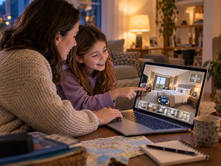 Madre e hija recorriendo virtualmente una habitación de hotel en un portátil y eligiendo la cama desde casa.