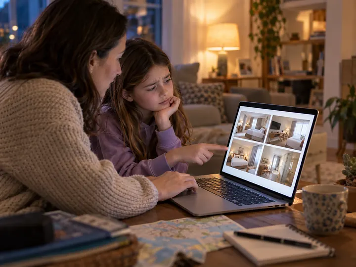 Madre e hija viendo fotos de una habitación de hotel en un portátil sin llegar a comprender bien el espacio.