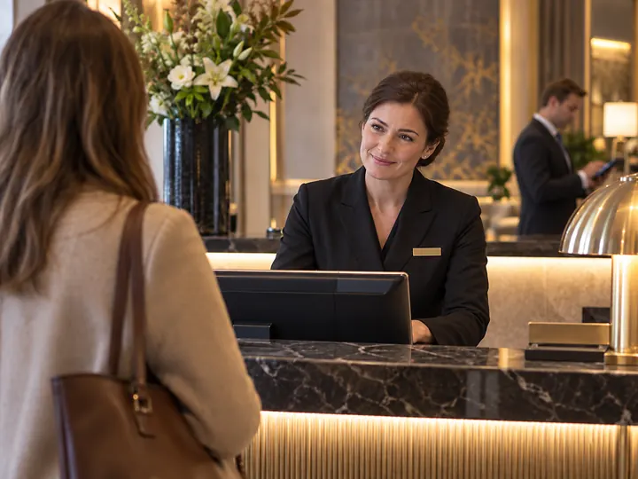 Recepcionista de hotel atendiendo con calma a una clienta en el mostrador.