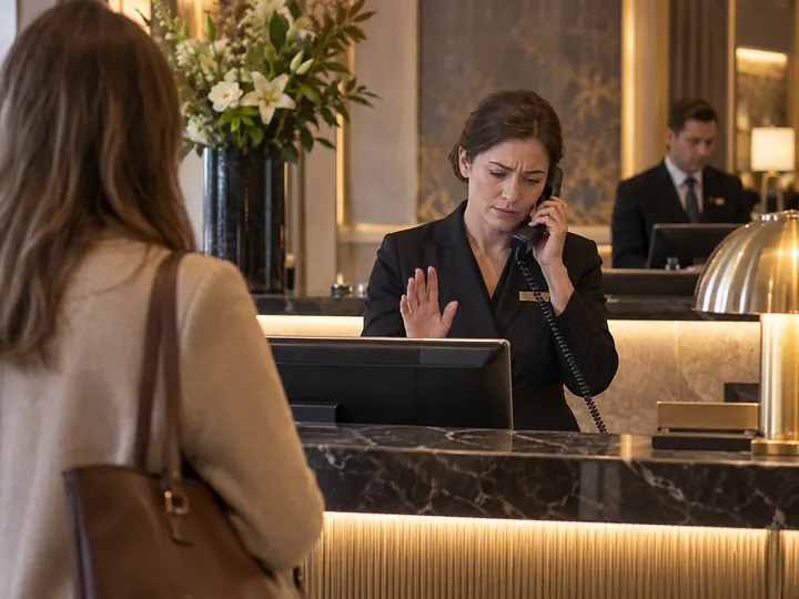 Recepcionista de hotel atendiendo una llamada mientras pide a una clienta que espere un momento.