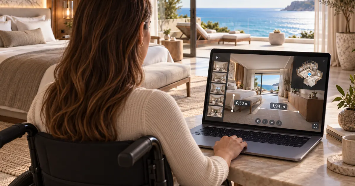 Mujer en silla de ruedas revisando una habitación de hotel con un tour virtual y tomando medidas de paso y altura de la cama.