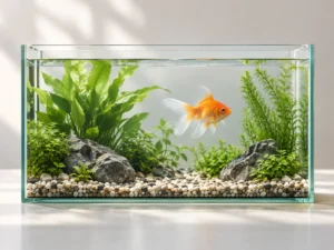 Acuario rectangular limpio con agua cristalina, vegetación acuática y un pez dorado, utilizado como metáfora visual de un entorno cuidado y saludable.