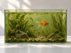 Acuario rectangular con agua verdosa, vegetación deteriorada y un pez dorado, utilizado como metáfora visual de un entorno desfavorable.